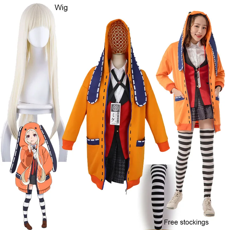 Yomoduki Runa Косплей Костюм Kakegurui компульсивный игрок парик и Оранжевая Куртка с