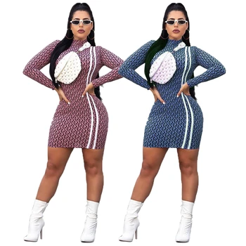 

Long Sleeve Stand Collar Club Dress For Women Letter Skinny Elastic Wrap Hip Pencil Mini Dresses Lady Jupe Clothes