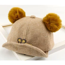 Child Winter Cotton Baseball Cap Boys Girls Patchwork Two Pompom Balls Felt Hats Cartoon Children Visor Caps
