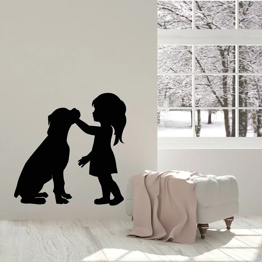 cheap Silhouette Girl Wall Decal With Dog Pet Home Interior Decor for Kids Girls Bedroom Living Room Nursery Vinyl Wall Sticker S1201