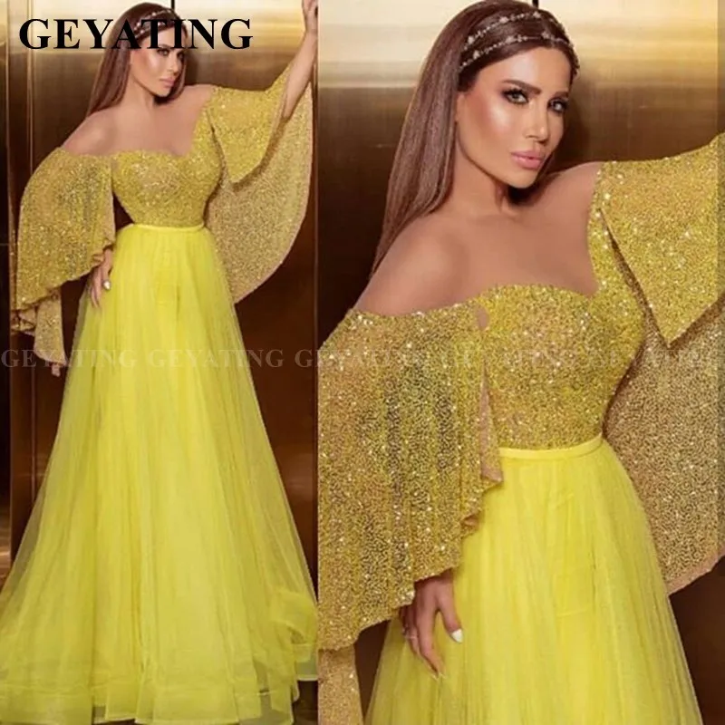 Желтое с открытыми плечами арабское вечернее платье с накидкой рукавом А-силуэт элегантные женские длинные вечерние платья Дубай вечерние платья для выпускного вечера