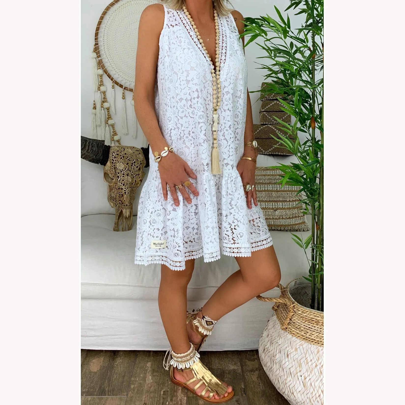 Women Summer Boho White Dress Floral Lace Loose Flare Party Mini ...