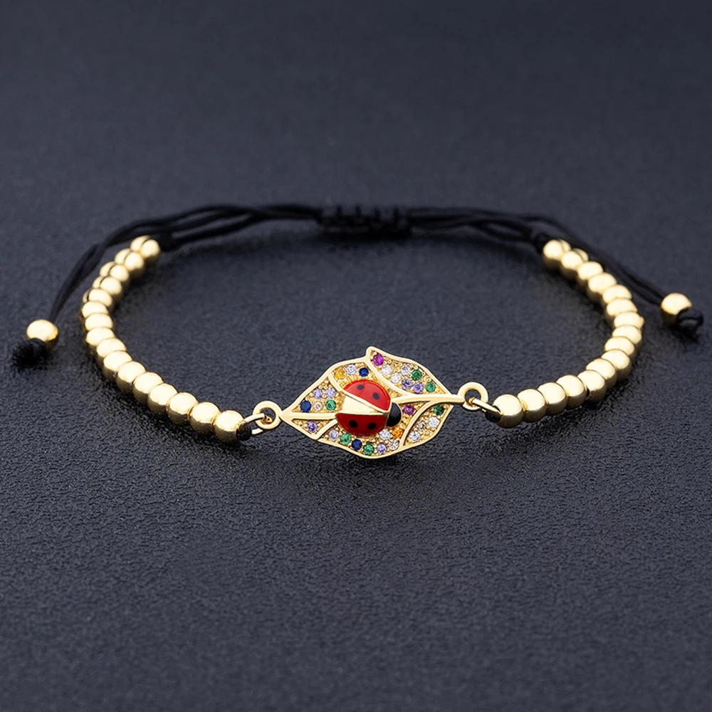 Aibef Nuovo Design Foglia Coccinella Cubic Zirconia Bracciale Corda Fascino Perline Di Rame Regolabili Per Le Donne Braccialetto Gioielli Classici