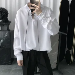 Qiwn camisa de outono masculina temperamento camisa de manga comprida camisa de cordão camisa masculina de grandes dimensões camisa de luxo