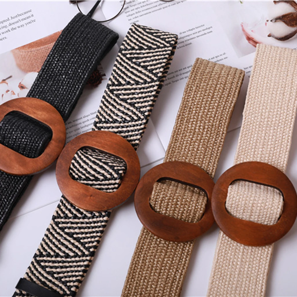Women Braided Straw Waistband Cinch Belt With Round Wooden Buckle