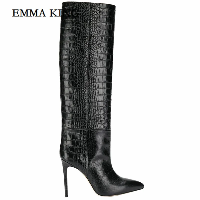 

Hot Sale Women Alligator Pattern Women Knee High Boots Point Toe PU Leather Knee High Bottes 2020 Autumn Spring Boots 43