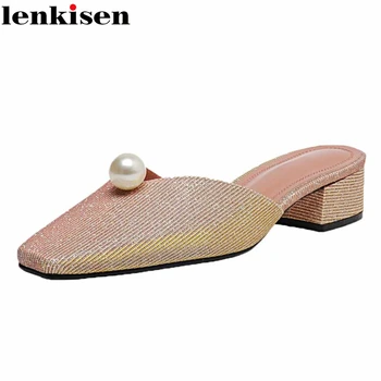 

Lenkisen new european style square toe pearl decorations bling med square heels mules slip on beauty lady dating shiny pumps L09