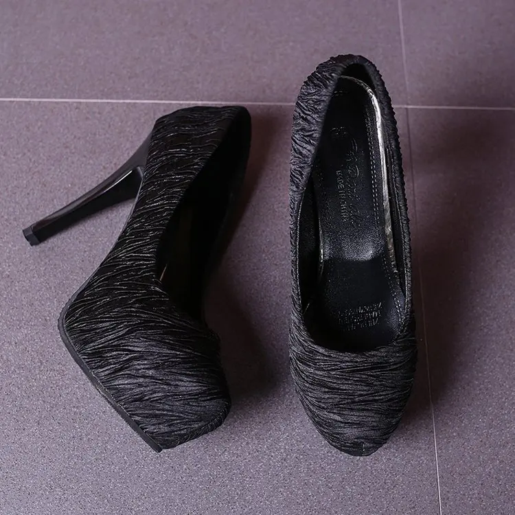 

12 Cm Europe And America-Style Ultra-High-Heel Pointed-Toe Thin Heeled Shoes Pleated Glossy Silk Waterproof Platform High Heel S