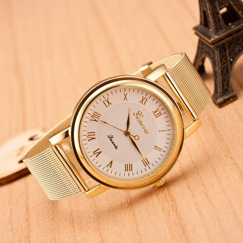 

Hot Selling Gold Mesh Belt Ladies' Watch Geneva Mesh Belt Watch Roman Numeral Steel Belt Watch