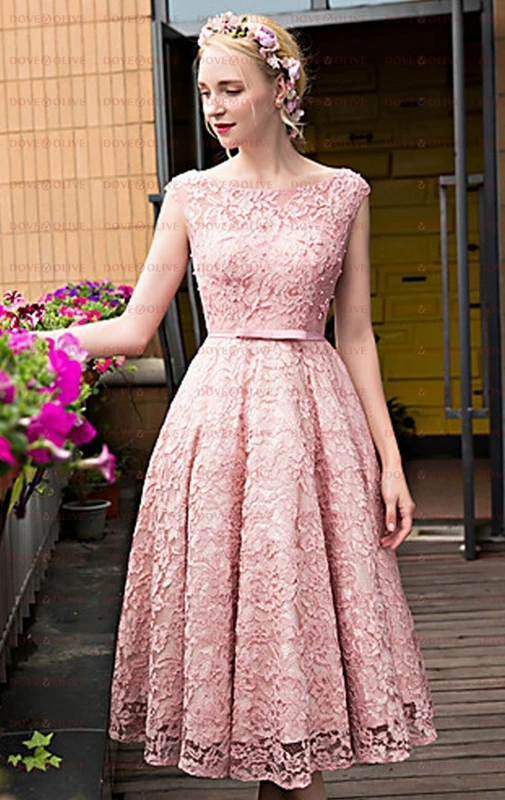 Pink Prom Dresses Lace with Beaded Cap Sleeve A Line Tea Length 2021 Evening Formal Party Gowns Simple vestido de fiesta de noch silver prom dresses