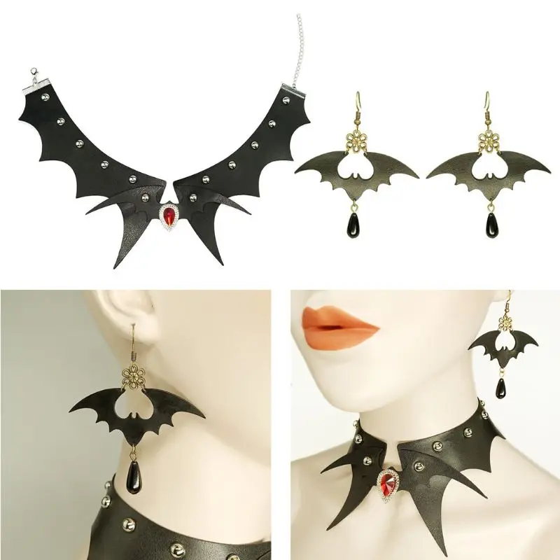 

Punk Lolita Bat Necklace Earrings Set Leather Black Gothic Choker Jewelry Set Halloween Creepy Dark Accessories Women