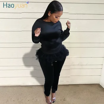 

ZOOEFFBB Velvet 2 Piece Set Women Clother Velour Tracksuit Hem Mesh Top and Pants Sweat Suits Matching Sets Two Piece Outfits