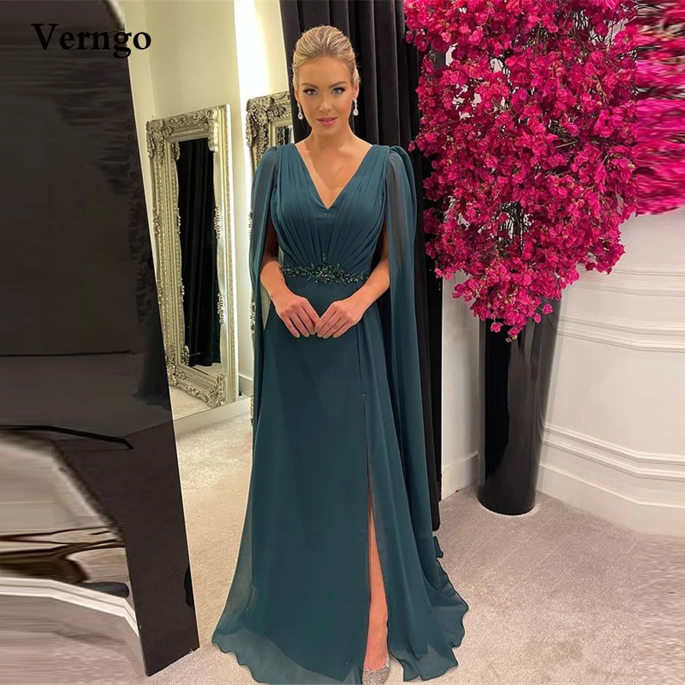 

Verngo Modest Dark Green Chiffon Evening Dresses Long Cape Sleeves V Neck Pleats Side Slit Mother Formal Prom Gowns Crystal Sash