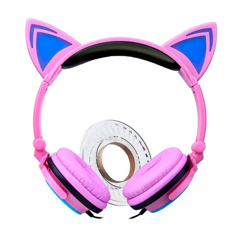 Foldable Safe Wired Kids Gaming Headsets Glowing Cat Ears Headphones 85dB Volume Limited Noise Canceling Wide Compatibility