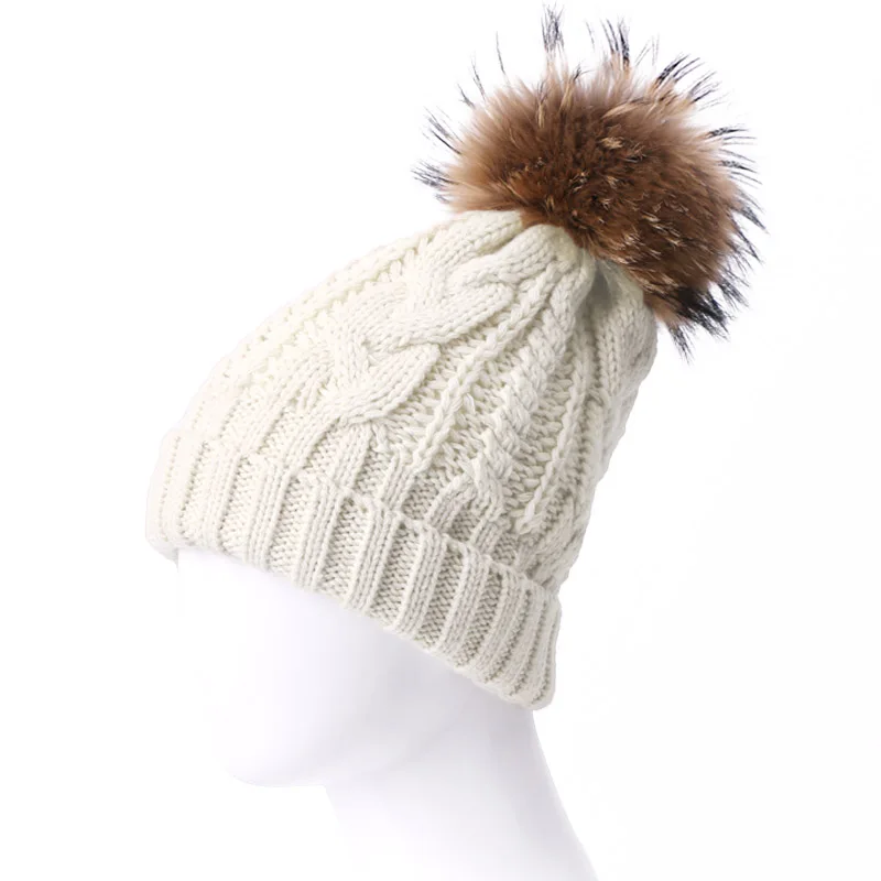 F Женская шапка с помпоном для девочек, вязаная шапка Skullies Beanies, шапка на осень и зиму, теплые одноцветные натуральные Полосатые Шляпы из натурального меха енота - Цвет: F