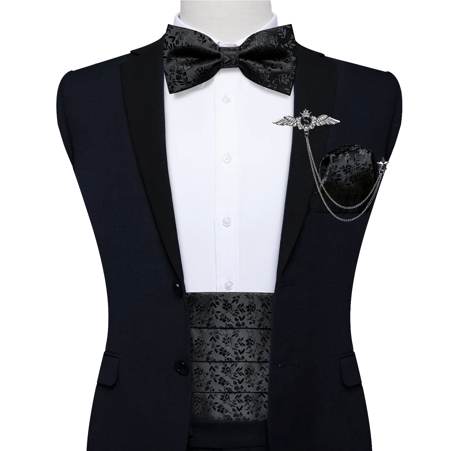 Premium Silk Men's Cummerbund Pre-tied Bow Tie Cufflinks Pocket Square Gift Set Black Adjustable Wedding Party Tuxedo Belt
