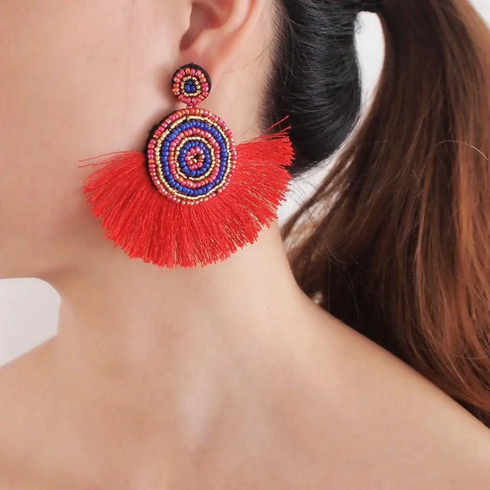 

MANILAI Bohemia Tassel Earrings For Women Statement Fringed Earrings Round Resin Bead Drop Dangle Earrings Wedding Party Jewelr