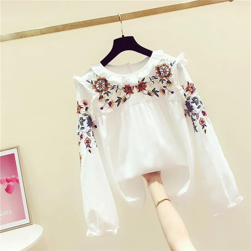 

2020 Spring New Hand Embroidered Floral Round-Neck Long-Sleeve Ruffle Shirt Women's Casual Shirts Girls Students White Blouse