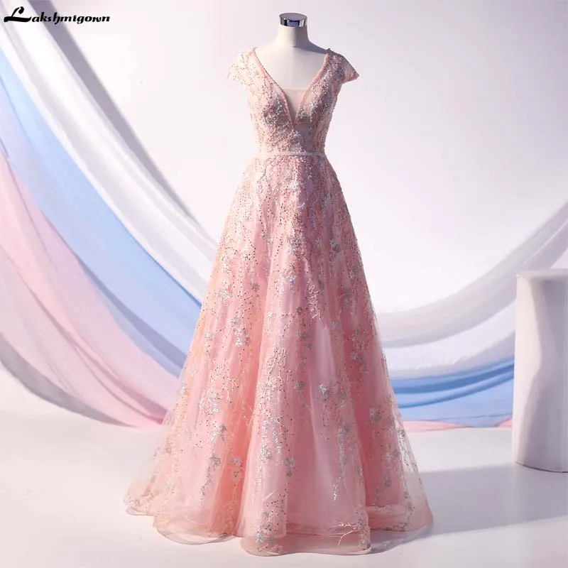 

Lakshmigown Pink Luxury Bead A Line Evening Dresses V Neck Cap Sleeve Illusion Long Prom Party Dress Evening Gowns vestido longo