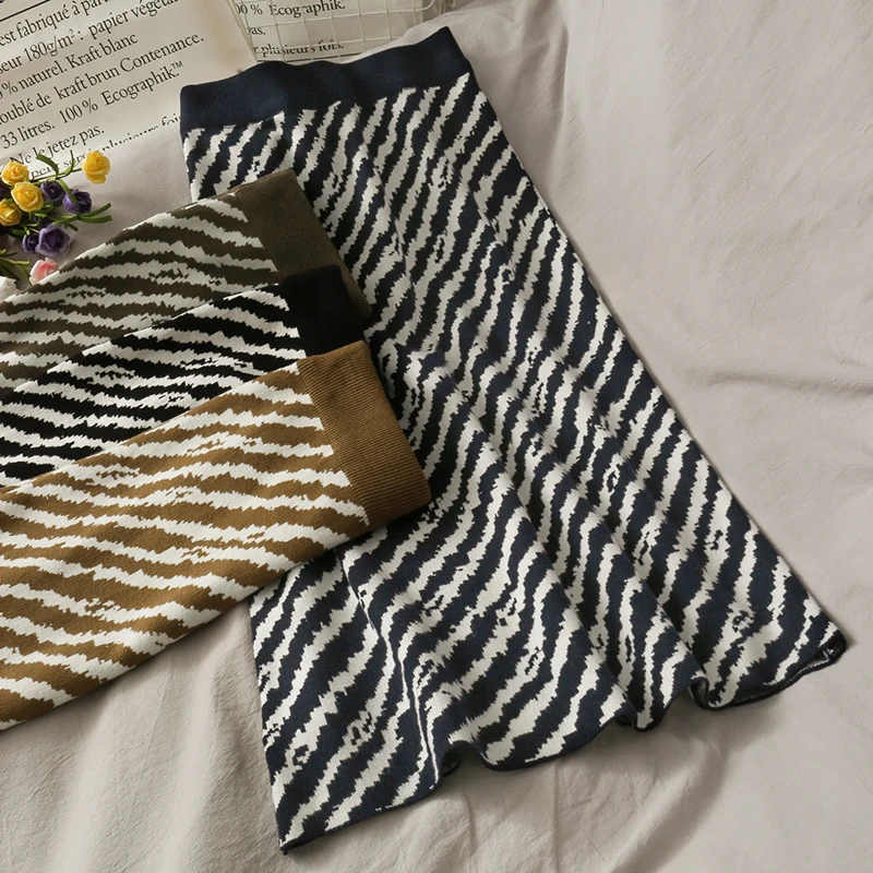 SINGRAIN Zebra Pattern Knitted Skirt Women Korean Elastic High Waist A-line Autumn Winter Warm Casual Loose Sweater Skirts | Женская