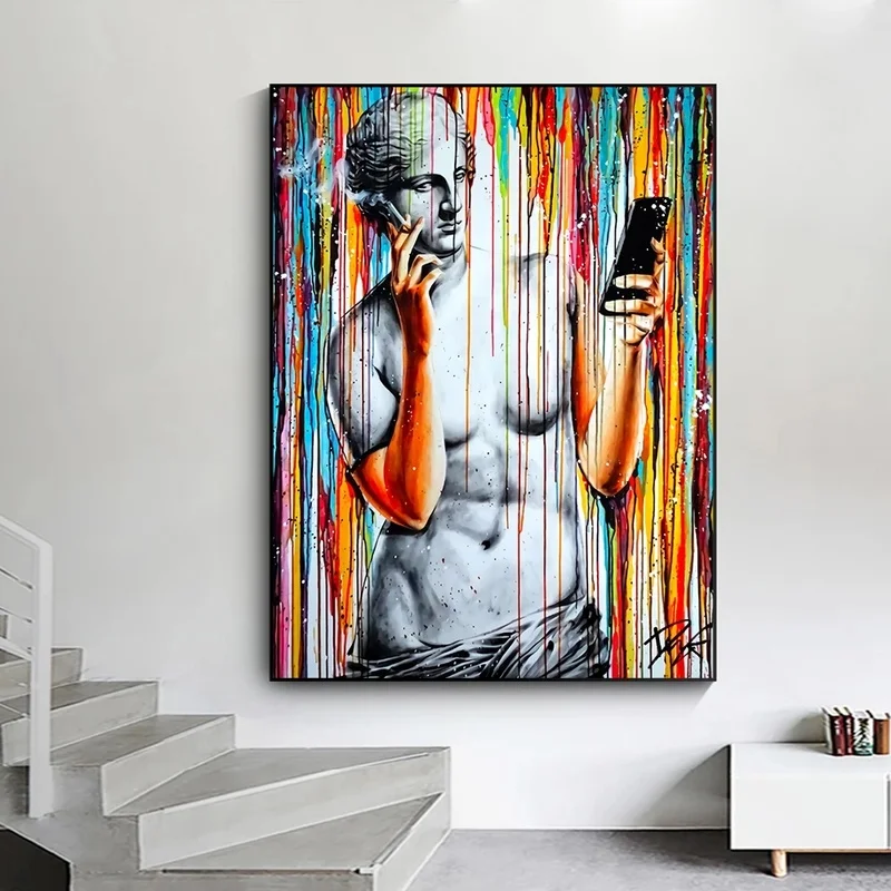 

Modern Graffiti Art Portrait Posters Wall Canvas Print David with Cigarette and Cell Phone Pictures for Living Room Home Decor