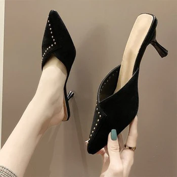 

2020 Women Thin Heels Slippers Women's Pointed Toe Elegant Slides Woman Flock Female Fashion Women's Shoes Footwear