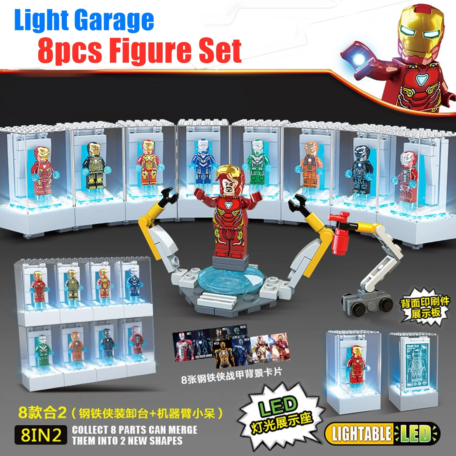 

8pcs Iron Man with LED Light Garage Figure Set Tony Stark Super Hero Show Box Case Marvel Building Blocks Model Bricks Kits Toys