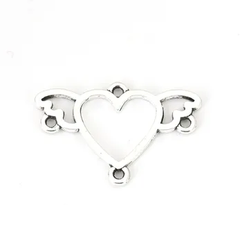 

100 PCs Heart Zinc Based Alloy Connectors Heart Silver Color Wing Jewelry Accessories Findings 24mm(1") x 16mm( 5/8")