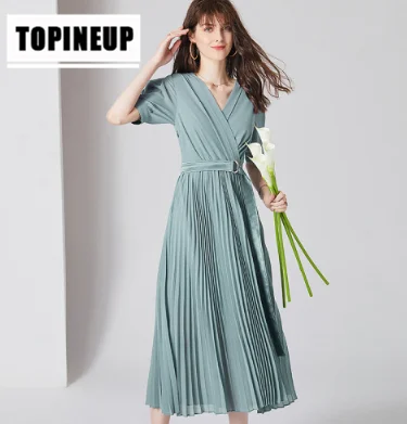 

Women's elegant Short sleeve Solid color Knee Long A Line retro V-neck long pleated dress