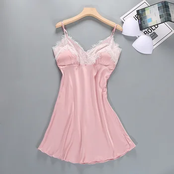 

New Solid Lovely Nightdress Girl Summer Ice Silk Thin Adult Underwear With Chest Cushion Sling Nightgown Skirt Intimate Lingerie