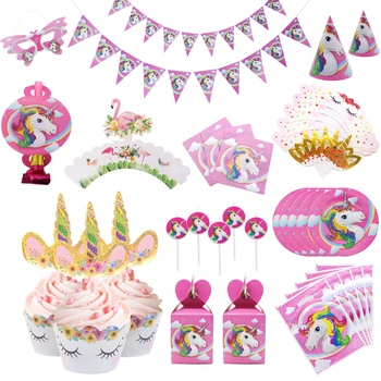 

Unicorn Party Decor Pink Unicorn Horse Tableware Banner Plates Cups Napkin Sets for Kids Baby Shower Birthday Decorations