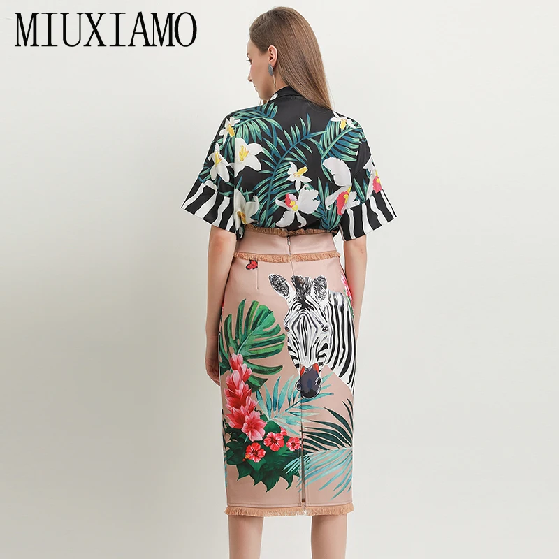 MIUXIMAO, лучшее качество,, офисный женский осенний комплект-двойка, элегантный топ с коротким рукавом, роскошный цветочный принт с зеброй, костюмы для женщин, Vestido