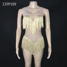Сетчатое прозрачное боди с золотыми кисточками AB и камнями для дня рождения, празднования танцев, наряд для диджея, певицы, шоу, одежда для выпускного вечера