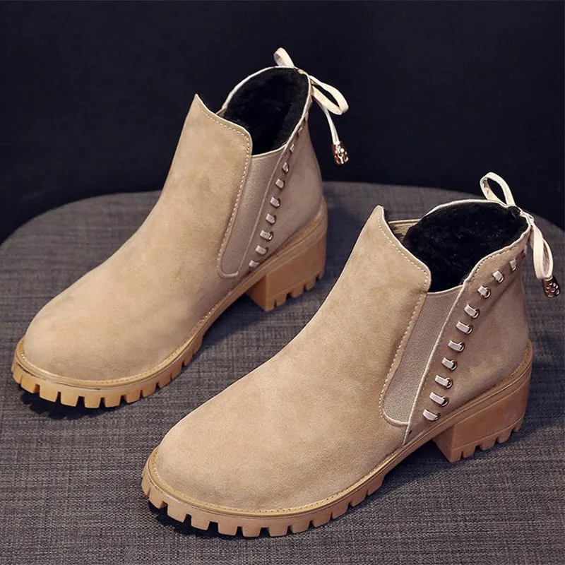 

Woman Suede Ankle Boots Ladies Slip On Chelsea Boot Women's Fashion Short Boot Med Heels Female Sewing Casual Shoes Newest