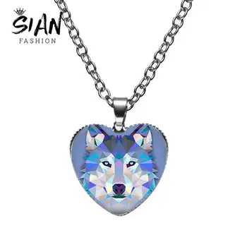 

SIAN Charm Wild Blue Wolf Heart Necklace Howling Wolf Under The Moon Glass Cabochon Animal Pendant Handmade Charm Women Jewelry