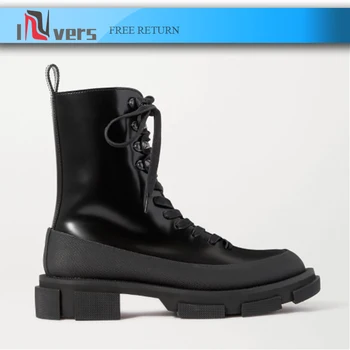 comprar 2020 Nova Marca De Luxo Designer Chunky Motocycle Botas Para Mulher Metal Decoração Rendas Plataforma Botas Meados De Bezerro Gótico Botas