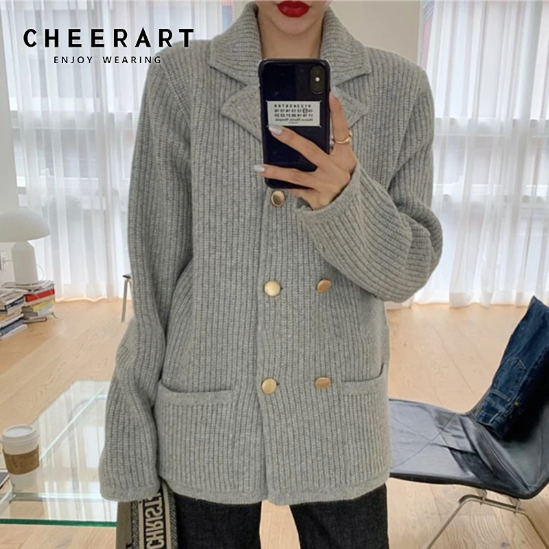 

CHEERART Long Cardigan Coat Women Double-Breasted Gold Button Grey Knitted Cardigan Sweater Turndown Collar Sweater Winter