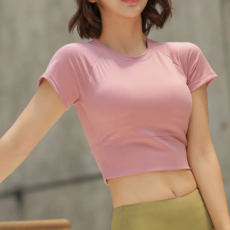 

Ultra-stretch Chinlon Short Fitting T-shirt nv dai Chest Pad Short Sleeve Slim Fit Fitness Clothing Wear Free Underwear Pink Yog