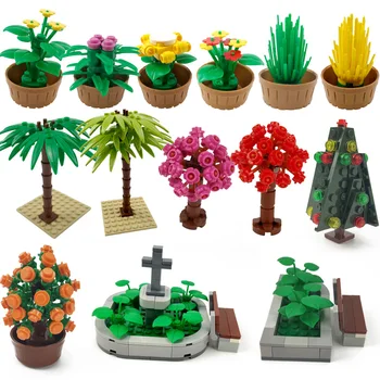 

For Locking City Building Blocks Potted Flowers Plant Tree Park Street View Bench Toys For Children Compatible Model MOC Citys