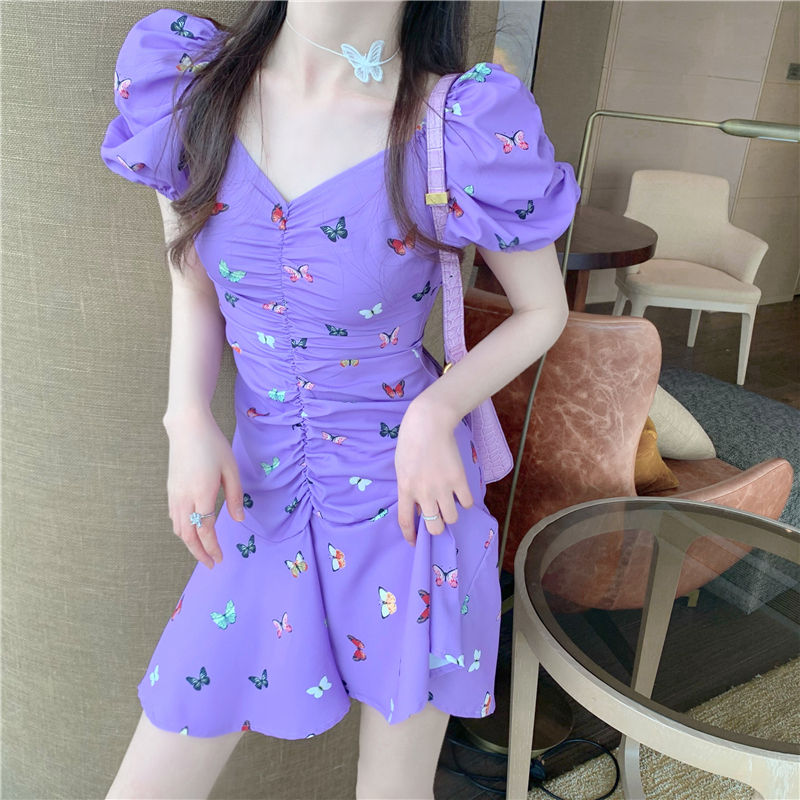 Puff Sleeve Butterfly Design Dress