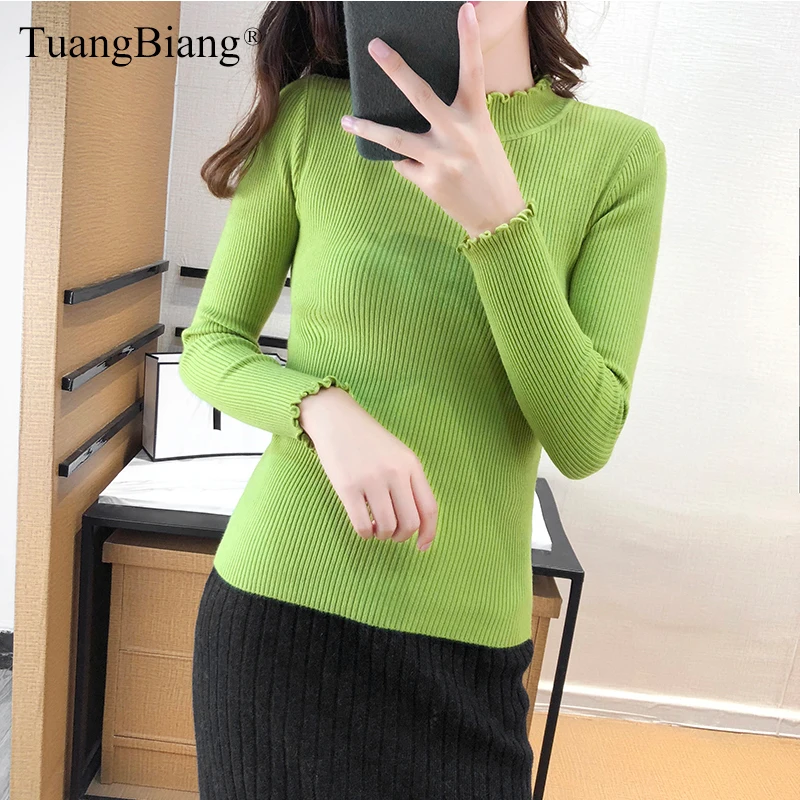 

Lady Ruffled Collar Knit Turtleneck Sweaters Basic Women autumn Winter Pullovers feminine Elastic Soft Korea Tops jumpers 2019