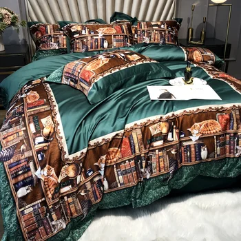 

luxury Green Digital Printing 100S Egyptian cotton Cat Royal Bedding sets Queen King Duvet cover Bed sheet set Pillowcases 4pcs