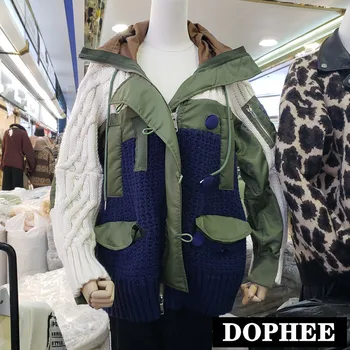 

European Hooded Jacket Short Knitted Coat Women New Autumn and Winter Loose Irregular Splicing Zipper Twist Sweater Knitwear