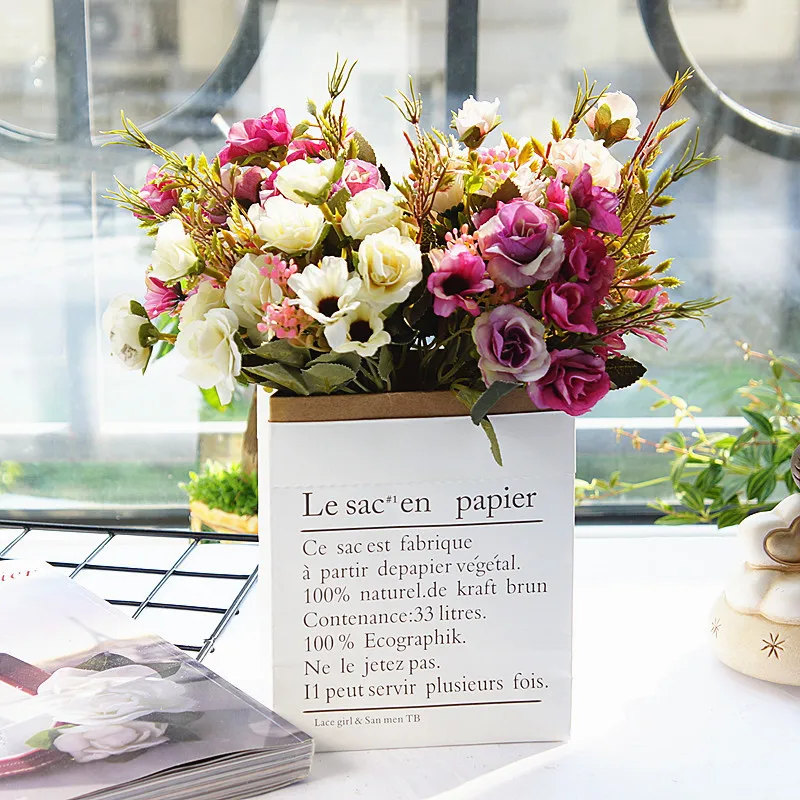 

ZOLLOR 2019 new Simulation flower set English kraft paper bag fashion simple home decoration ornaments fake flower silk flower