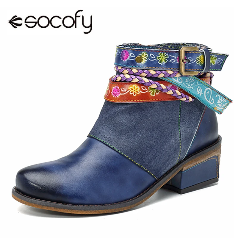 Low Cost Women Boots Low-Heel Socofy Vintage Bohemian Zipper Mujer Genuine-Leather Ankle 76oJ38ea