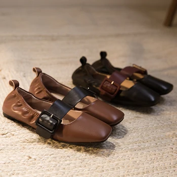 

Plus size 33-43 women's genuine leather metal buckle ballet flats elastic slip-on soft comfortable ballerinas square toe shoes