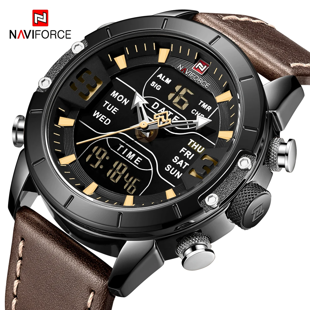 Часы наручные NAVIFORCE Мужские кварцевые брендовые Роскошные светодиодные цифровые