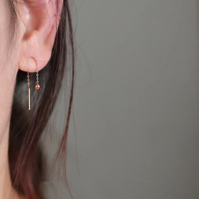 925 Sterling Silver 14K Gold Plating Round Bead Stud Earrings Women Long Line Tassel Earrings Temperament Wedding Jewelry