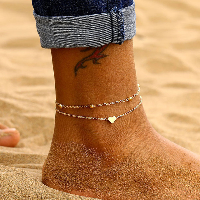 Female Anklets Simple Silver Color Heart Barefoot Crochet Sandals Foot Jewelry Two Layer Bracelet Anklets for Women
