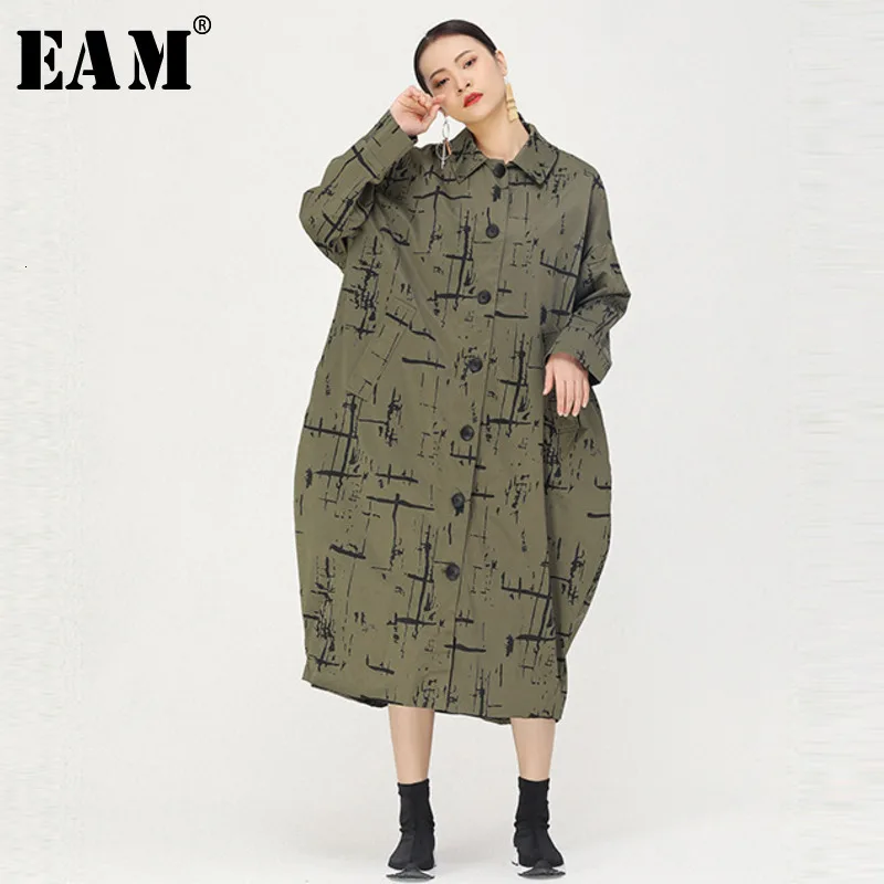 [EAM] Women Pattern Printed Big Size Long Trench New Lapel Long Sleeve Loose Fit Windbreaker Fashion Autumn Winter 1K466